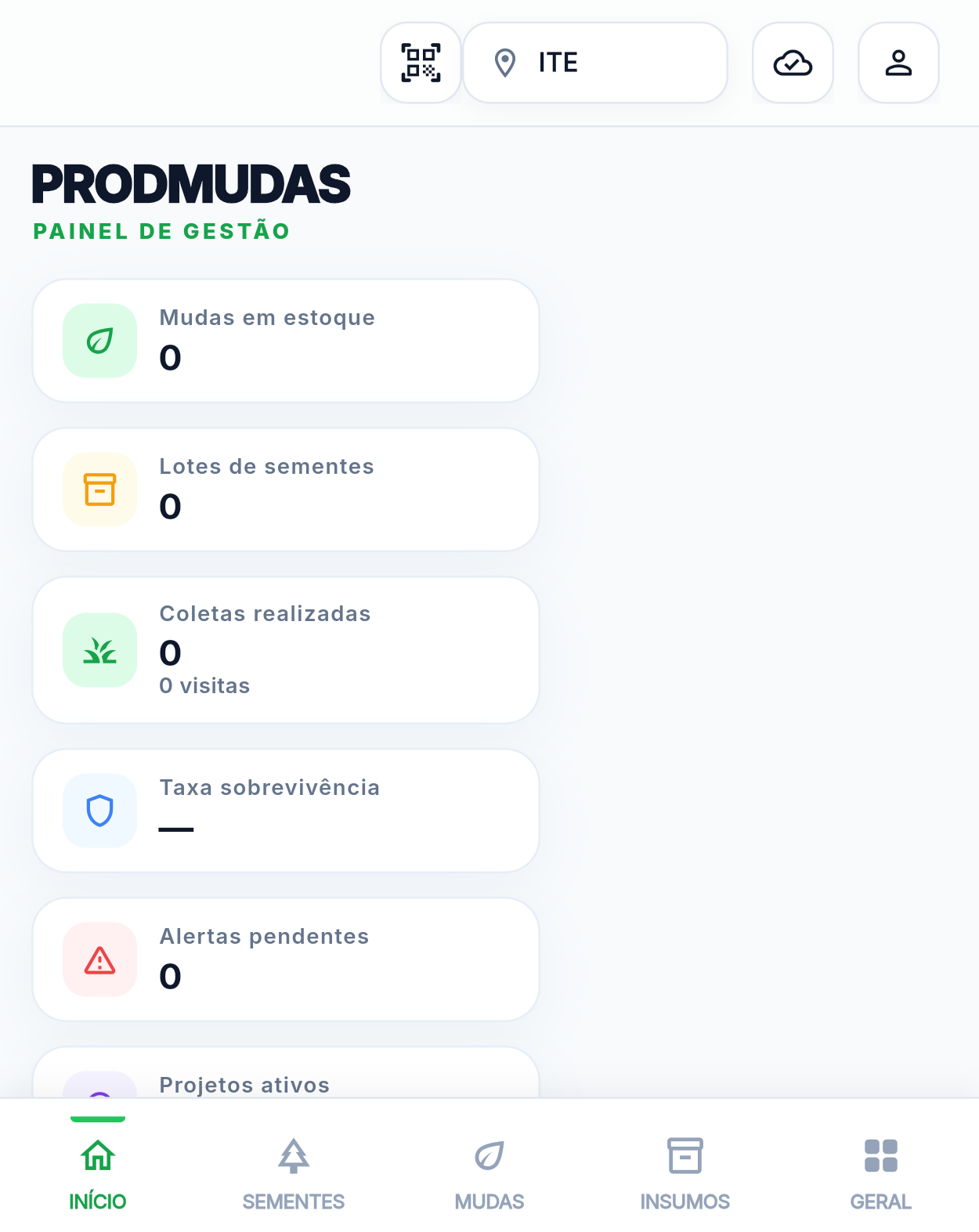 Painel do ProdMudas com informações da produção e rastreabilidade